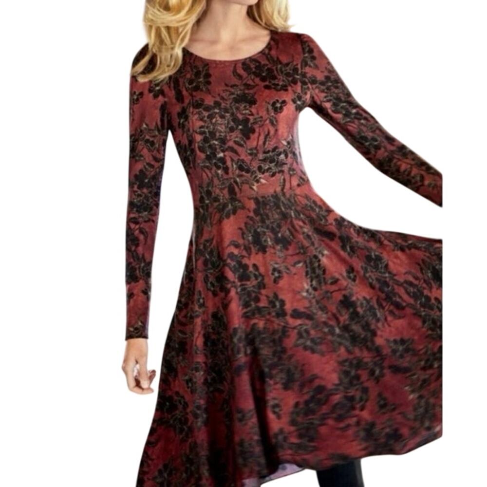 PERUVIAN CONNECTION Finley Red Black Floral Fit and Flare Dress - Sz Medium